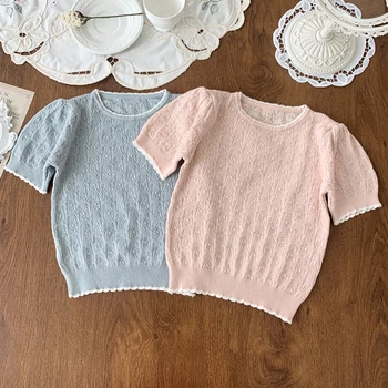 Летние Тонкие вязаные свитера для маленьких девочек, открытый пуловер с коротким рукавом, пуловеры для малышей, топы, свитер в Корейском стиле