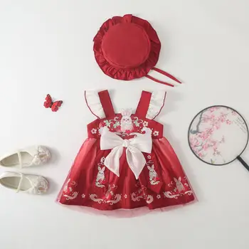 Летний Комбинезон для малышей и девочек Хлопковый рукав-мушка, платье с аппликацией в виде зодиакального кролика с большим бантом, красная детская одежда в китайском стиле