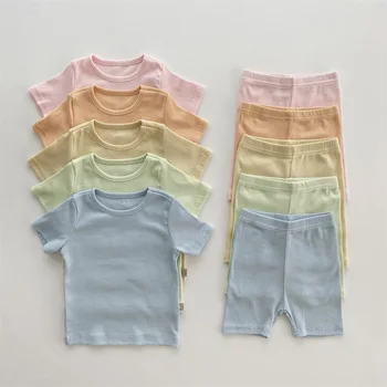 Летний комплект домашней одежды ярких цветов для девочек, удобный пуловер, футболка + хлопковые шорты, 2 шт. Для мальчиков, бутик, простой костюм