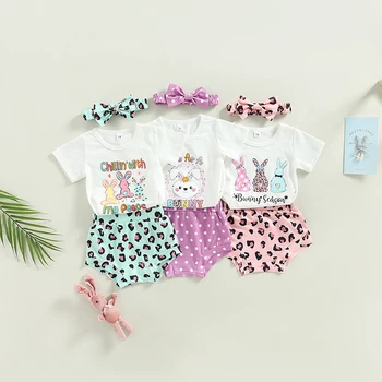Летняя детская одежда для девочек, одежда для малышей, топы с принтом кролика + шорты с повязкой на голову, одежда для младенцев, комплект для новорожденных