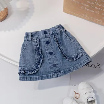 Летняя джинсовая юбка для девочек, детская корейская версия, юбка-полукомбинезон в тон