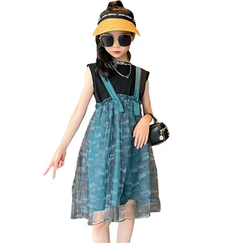 Летняя одежда для девочек, жилет + платье, наряды для девочек, однотонные комплекты для девочек, повседневный стиль, детский костюм 6 8 10 12 14
