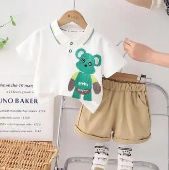 Летняя одежда для маленьких мальчиков, футболки с отложным воротником с мультяшным медведем, топы и шорты, детские спортивные костюмы, комплект детской одежды