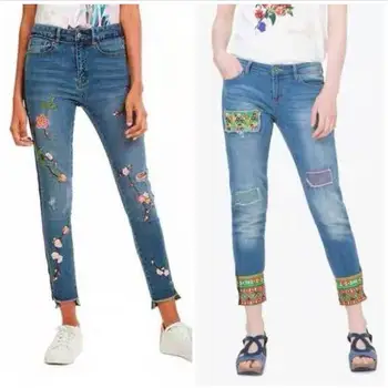 Международная торговля Испания D Новые женские джинсы с вышивкой в этническом стиле цветочными бусинами, облегающие эластичные джинсы
