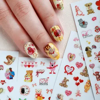 Милые мультяшные мишки, наклейки для ногтей в виде сердца, украшения для ногтей, самоклеящиеся наклейки для ногтей с бантиками, наклейки для ногтей на День Святого Валентина.