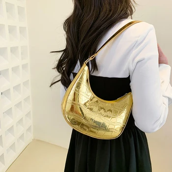 Модная персонализированная сумка через плечо Сумка подмышками Простая однотонная глянцевая сумка из искусственной кожи для женщин