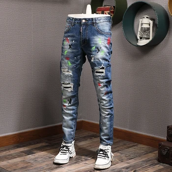 Модная уличная одежда Мужские джинсы Ретро Синие Эластичные Стрейчевые Облегающие рваные джинсы с принтом Мужские раскрашенные дизайнерские брюки в стиле хип-хоп Hombre