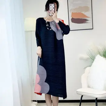 Модное высокоэластичное платье с контрастным цветным принтом Miyake с круглым вырезом и цветочным узором Элегантная винтажная плиссированная юбка с высокой талией