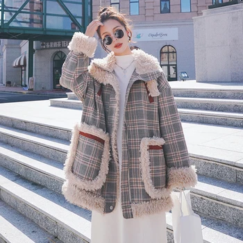 Модное женское шерстяное платье, зимняя новая Корейская шерстяная куртка средней длины из овечьей шерсти, Теплая прострочка, Клетчатое пальто с большим карманом, модное хлопковое пальто