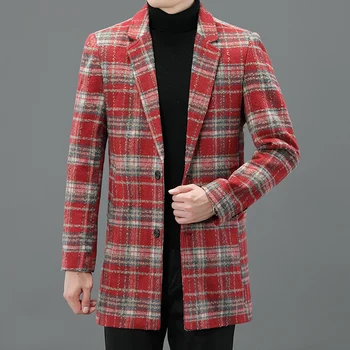 Модное мужское пальто из шерстяного твида 2023 года, Новая корейская версия в клетку, Тонкое, для отдыха Средней длины, плюс хлопковое утолщенное теплое пальто для отдыха.