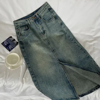 Модные женские джинсовые юбки 2023, Шикарная уличная одежда, юбка с разрезом на высокой талии, универсальные повседневные прямые юбки в стиле ретро