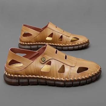 Модные мужские сандалии, нескользящие крутые кроссовки, освещенная летняя обувь на плоской подошве, Классическая носимая открытая обувь, Дышащая повседневная кожаная обувь