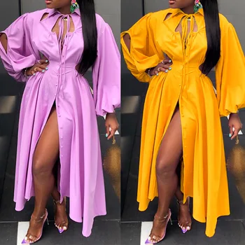 Модные платья-рубашки, Африканское платье для женщин, Элегантные пышные рукава, сексуальное платье с разрезом на животе, Розово-желтое платье Vestido Feminino