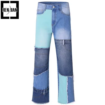 Модный стиль High Street Vibe, джинсовые брюки с заплатками, уличная одежда свободного кроя, джинсовые брюки Y2K в стиле хип-хоп, брюки Harajuku