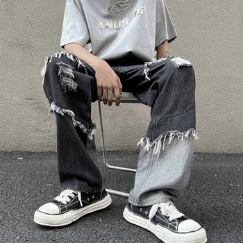 Мужская Летняя Уличная Одежда в винтажном стиле, Свободные Лоскутные Прямые Джинсы с низкой Талией, Рваные Брюки