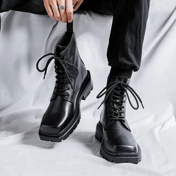 Мужская мода в английском стиле, ботинки из натуральной кожи, брендовая дизайнерская обувь с квадратным носком, платье для ночного клуба в стиле панк, крутые ботильоны на платформе