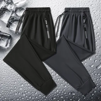 Мужские брюки Ice Silk, Быстросохнущие Летние эластичные брюки для бега трусцой, спортивные брюки, тонкие крутые спортивные тренировочные брюки с кондиционером