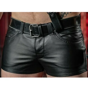 Мужские однотонные повседневные мужские брюки из искусственной кожи Sprin Summer Men Fasion в стиле панк черного цвета для мужчин