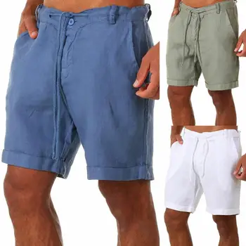 Мужские простые однотонные шорты с карманами, шорты из льняной смеси, однотонные шорты для пеших прогулок