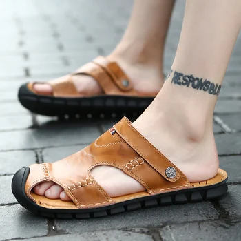 Мужские сандалии, летние пляжные тапочки для прогулок, Chinelos, уличная износостойкая повседневная обувь Baotou из искусственной кожи с плоской подошвой и широкой подошвой