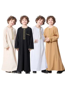 Мусульманские подростки Абая Джубба Тобе Мальчик Длинное Платье Исламский Детский Кафтан Халат Вышитый Кафтан Саудовская Аравия Галабия Ислам