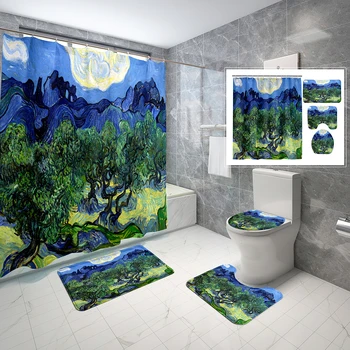 Набор занавесок для душа в стиле Ван Гога, пейзаж, картина маслом, 4 предмета, занавеска для душа, Нескользящий коврик для ванной, крышка унитаза, комплект занавесок