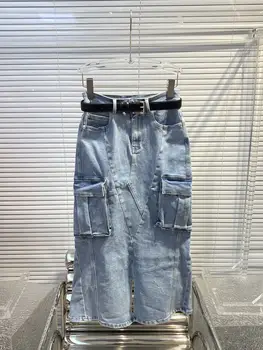 Новая светло-голубая джинсовая юбка женская с дизайнерской отстрочкой пояса