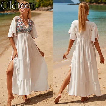 Новое белое хлопчатобумажное платье с вышивкой, пляжное платье для отпуска, длинное платье с разрезом, V-образный вырез, Летние женские купальники, Бикини, накидка