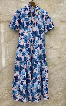 Новое летнее модное платье 2023 года Высокого качества с отложным воротником, Синие цветочные принты, пояс в стиле деко, Повседневное длинное платье-рубашка