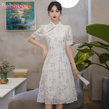 Новое Летнее платье с цветочной вышивкой Cheongsam, китайское традиционное Ципао, Современное платье, женская одежда