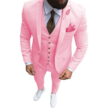Новый Розовый Мужской Костюм из 3 предметов, Формальный Деловой Смокинг С вырезами на лацканах, Приталенный Блейзер Для Шафера На свадьбу (Блейзер + Жилет + брюки)