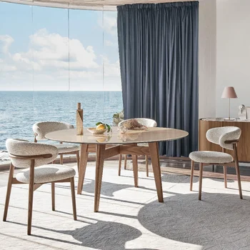 Обеденные стулья с деревянным дизайном, Современный эргономичный обеденный стул для кухни в скандинавском стиле, Деревянный льняной диван, Кожаные подушки для гостиной.