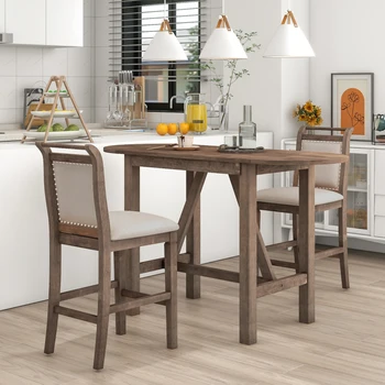 Обеденный стол из 3 предметов с откидными створками из дерева и 2 обеденных стула с мягкой обивкой для небольшого помещения, коричневый