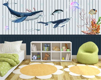 Обои на заказ в скандинавском минималистичном стиле, расписанные вручную мультяшным китом океан, фон детской комнаты, декоративная роспись стен, настенная роспись
