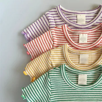 Одежда для девочек, Бренд Pippi, 2023, Новая летняя хлопковая футболка для маленьких мальчиков с полосатым принтом, Янпанские топы с рукавами-оборками, футболки для малышей