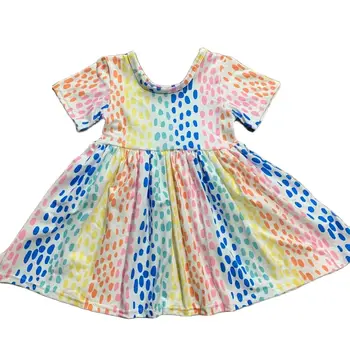 Оптовая продажа Летней бутиковой одежды для девочек, Разноцветное платье в горошек с коротким рукавом длиной до колен
