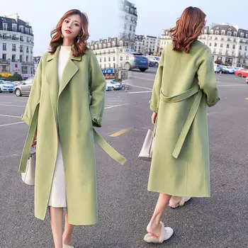 Осенне-зимнее корейское шерстяное пальто высокого качества 2023, новое фруктово-зеленое женское элегантное шерстяное пальто средней длины с V-образным поясом
