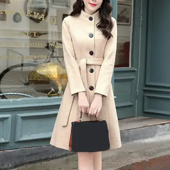Осенне-зимнее стильное шерстяное пальто средней длины на пуговицах, женская верхняя одежда в стиле OL Commuter, воротник-стойка для улицы