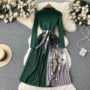 Осенне-зимнее элегантное вязаное лоскутное платье контрастного цвета в складку, женское офисное платье-свитер с длинным рукавом и поясом