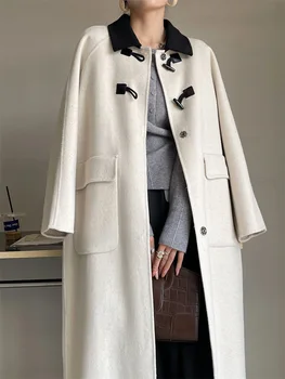 Осенние пальто из 100% шерсти, женские длинные пальто с отложным воротником и пуговицами, женское шерстяное пальто, Топы Veste Femme Abrigo Mujer