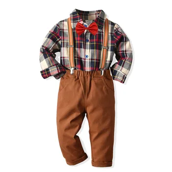 Осенний комплект одежды для мальчиков в клетку, хлопковый детский бутик-костюм с длинными рукавами для детей 2, 3, 4, 5, 6, 7 лет, повседневная одежда для детей на День рождения