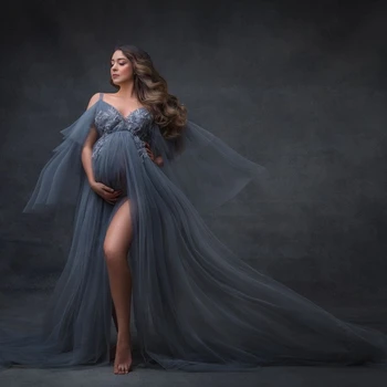 Платья для беременных из тюля с цветами для фотосъемки, красивые аппликации, платье для беременных трапециевидной формы, сетчатые длинные платья для беременных с разрезом спереди