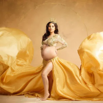 Платья для фотосессии беременных для душа ребенка Золото, 2 предмета, Шифоновые платья для беременных, аппликация из бисера, фотография