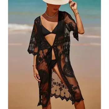 Пляжный чехол для отпуска с коротким рукавом, Сексуальная солнцезащитная одежда, повседневная Свободная Белая кружевная рубашка, Солнцезащитный крем, праздничные топы 25903