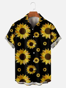 Повседневная пляжная блузка с коротким рукавом и пуговицами, мужская гавайская модная черная рубашка с цветочным принтом