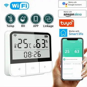 Поддержка датчика температуры и влажности Tuya WIFI Alexa Google Home Умный внутренний гигрометр-термометр с ЖК-дисплеем