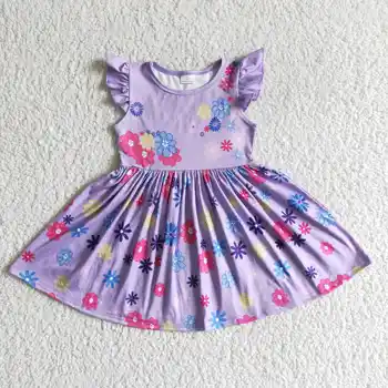 Пользовательские БЕЗ MOQ RTS Милые наряды для девочек, детская летняя одежда с цветочным рисунком, фиолетовые платья для малышей