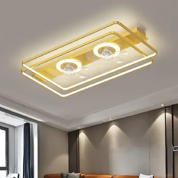Простая современная атмосфера гостиной с вентилятором, встроенный потолочный светильник, креативная электрическая люстра с вентилятором