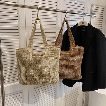 Простая соломенная плетеная сумка, пляжная сумка большой емкости на одно плечо, портативная пляжная модная элегантная женская сумка-тоут