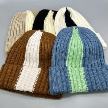 Простая шерстяная шапка в тон, женская зимняя мода Ins, большой размер, Теплая Универсальная вязаная шапка, осень-зима, Эластичные шапочки, Кепка